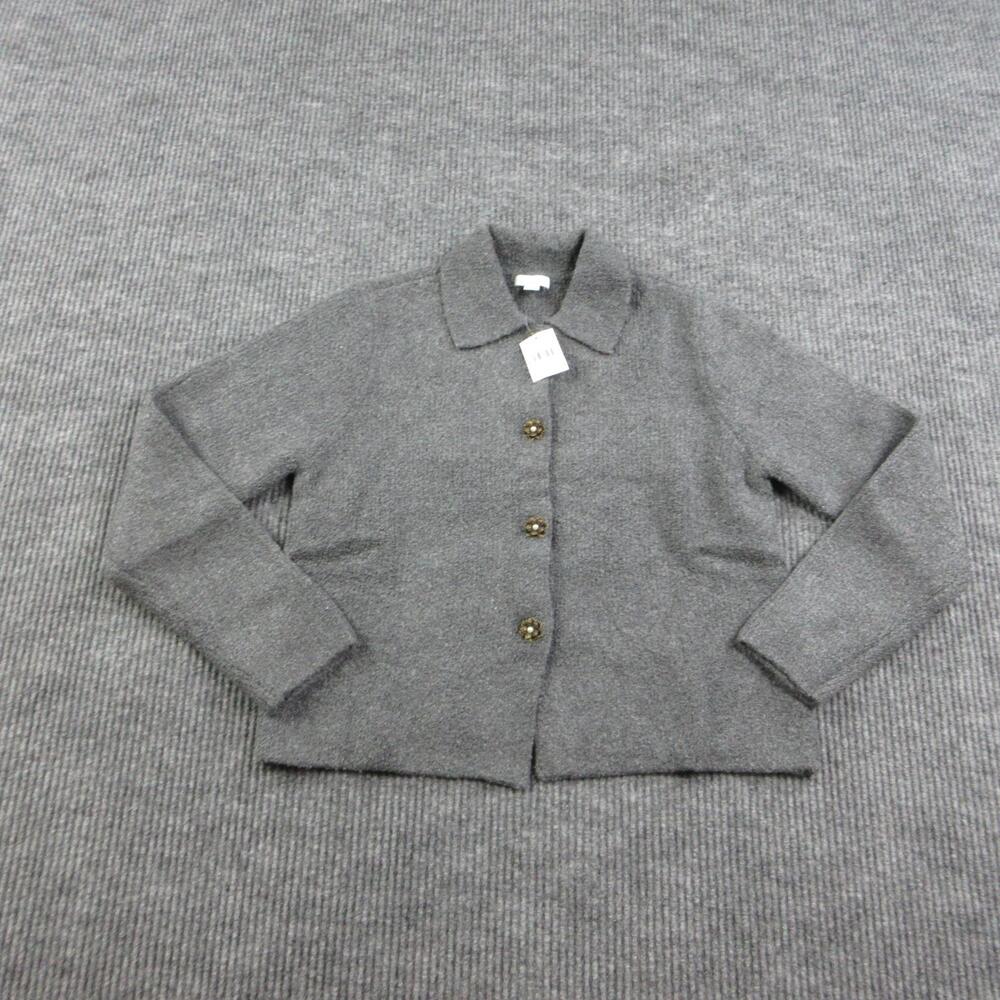 J. Jill Cardigan Womens S Gray Collared Knit Pockets Jewel-Button Relaxed NWT